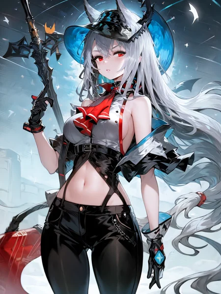 masterpiece, best quality, 1girl, ascot, bangs, bare_shoulders, bat, black_gloves, black_pants, breasts, clothing_cutout, eyebrows_visible_through_hair, gloves, hair_between_eyes, holding, long_hair, looking_at_viewer, pants, red_eyes, silver_hair, skadi_\(arknights\), solo, thigh_cutout, thighs, very_long_hair, weapon, <lora:alc2-000003:1>,