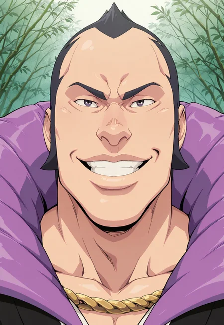 solo, masterpiece, detailed, uwa, huge filesize, ultra hd, best quality, (absurdres, highres), 1boy, official art, bright,
BleachOmaeda, black hair, short hair, japanese clothes, gold chain, purple collar, portrait, headshot, smiling, looking at viewer, japanese garden background