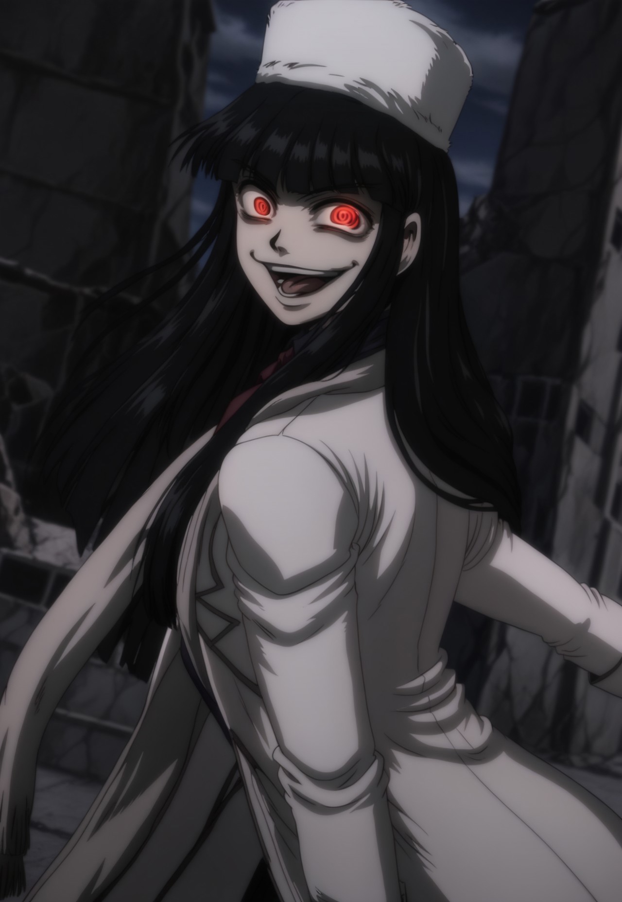 anime, masterpiece, best quality, <break> solo, 1girl, girlycardXL11, red eyes, black hair, long hair, blunt bangs, fur hat,scarf, blue shirt, red necktie, white jacket, white coat, white gloves, crazy smile, open mouth, tongue out, looking back, glowing eyes, outdoors, night, ruins
<segment:yolo-Anzhc Face seg 640 v2 y8n.pt,0.4,0.5//cid=1>