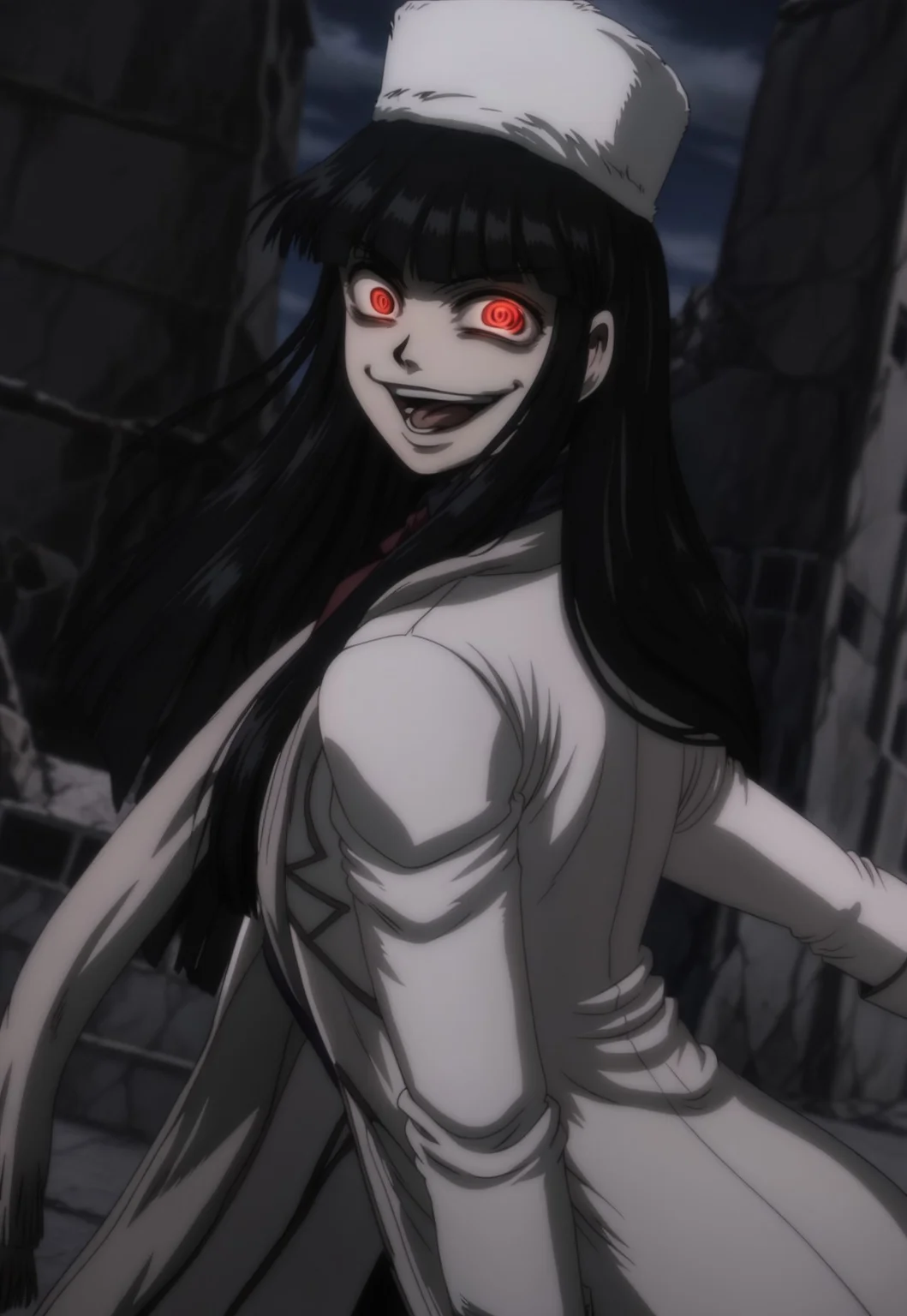 anime, masterpiece, best quality, <break> solo, 1girl, girlycardXL11, red eyes, black hair, long hair, blunt bangs, fur hat,scarf, blue shirt, red necktie, white jacket, white coat, white gloves, crazy smile, open mouth, tongue out, looking back, glowing eyes, outdoors, night, ruins
<segment:yolo-Anzhc Face seg 640 v2 y8n.pt,0.4,0.5//cid=1>