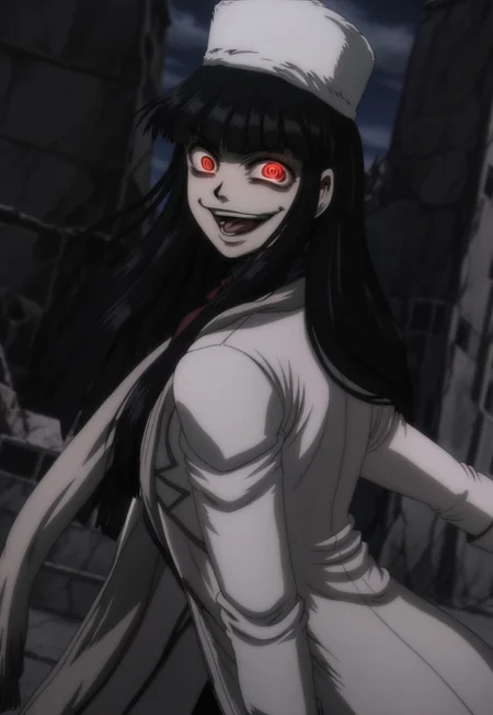 anime, masterpiece, best quality, <break> solo, 1girl, girlycardXL11, red eyes, black hair, long hair, blunt bangs, fur hat,scarf, blue shirt, red necktie, white jacket, white coat, white gloves, crazy smile, open mouth, tongue out, looking back, glowing eyes, outdoors, night, ruins
<segment:yolo-Anzhc Face seg 640 v2 y8n.pt,0.4,0.5//cid=1>