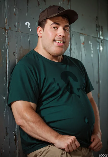 score_9,score_8_up,score_7_up,score_6_up, Soos, (1boy, solo, male focus, fat man, brown eyes, brown hair, thin eyebrows, buckteeth, stubble,) (green t-shirt, black question mark logo,) baseball cap, photorealistic, photograph,