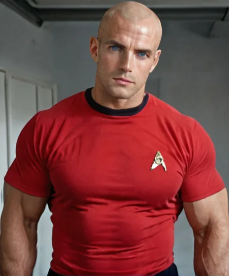 1boy, 20 year old male, Handsome, masculine, blonde, star trek, red shirt, muscle, tall, tight shirt, wide pectorals, big shoulders, wide shoulders, muscular neck, German, bald, big pale blue eyes, abs, biceps,
stunf, star trek uniform,