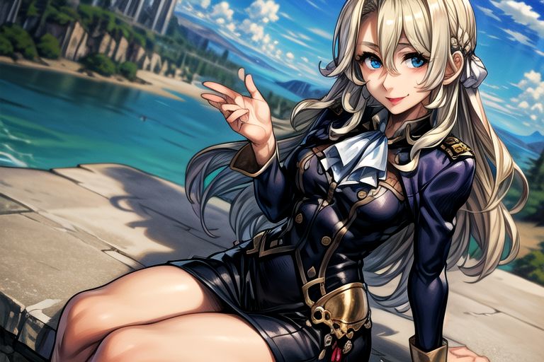 masterpiece, Lily Kokoschka , best quality, best quality, ultra-detailed, highres,sharp focus,(ultra detailed,extremely detailed), 1girl,(masterpiece, best quality), LilyKOKOSCHKA, 1girl, solo, long hair, small breasts, blonde hair, Blue eyes, Deep Blue eyes, hair between eyes, uniform, ascot, wavy hair, eyes visible through hair, white ascot, Skirt, hungry clicker,  outdoors, street, cowboy shot, leaning Back, , brutal smile, Best Quality, masutepiece0Beautiful face0Strong-minded woman0sitting,