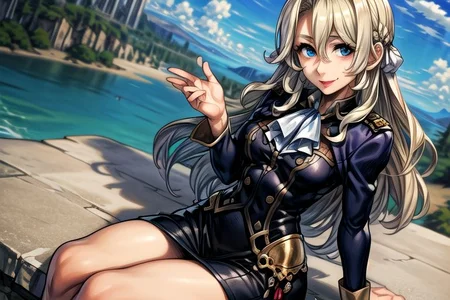 masterpiece, Lily Kokoschka , best quality, best quality, ultra-detailed, highres,sharp focus,(ultra detailed,extremely detailed), 1girl,(masterpiece, best quality), LilyKOKOSCHKA, 1girl, solo, long hair, small breasts, blonde hair, Blue eyes, Deep Blue eyes, hair between eyes, uniform, ascot, wavy hair, eyes visible through hair, white ascot, Skirt, hungry clicker,  outdoors, street, cowboy shot, leaning Back, , brutal smile, Best Quality, masutepiece0Beautiful face0Strong-minded woman0sitting,
