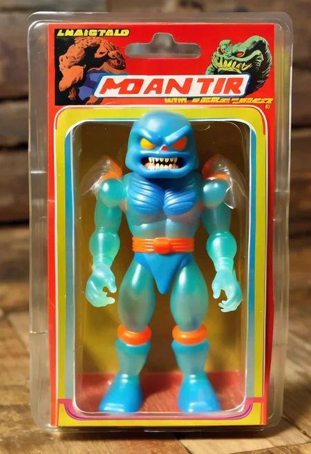 <lora:1987 Action Figure Playset Packaging:1>1987 Action Figure Playset Packaging - A product photo of a 1970s japanese toy clear monster action figure in front of packaging