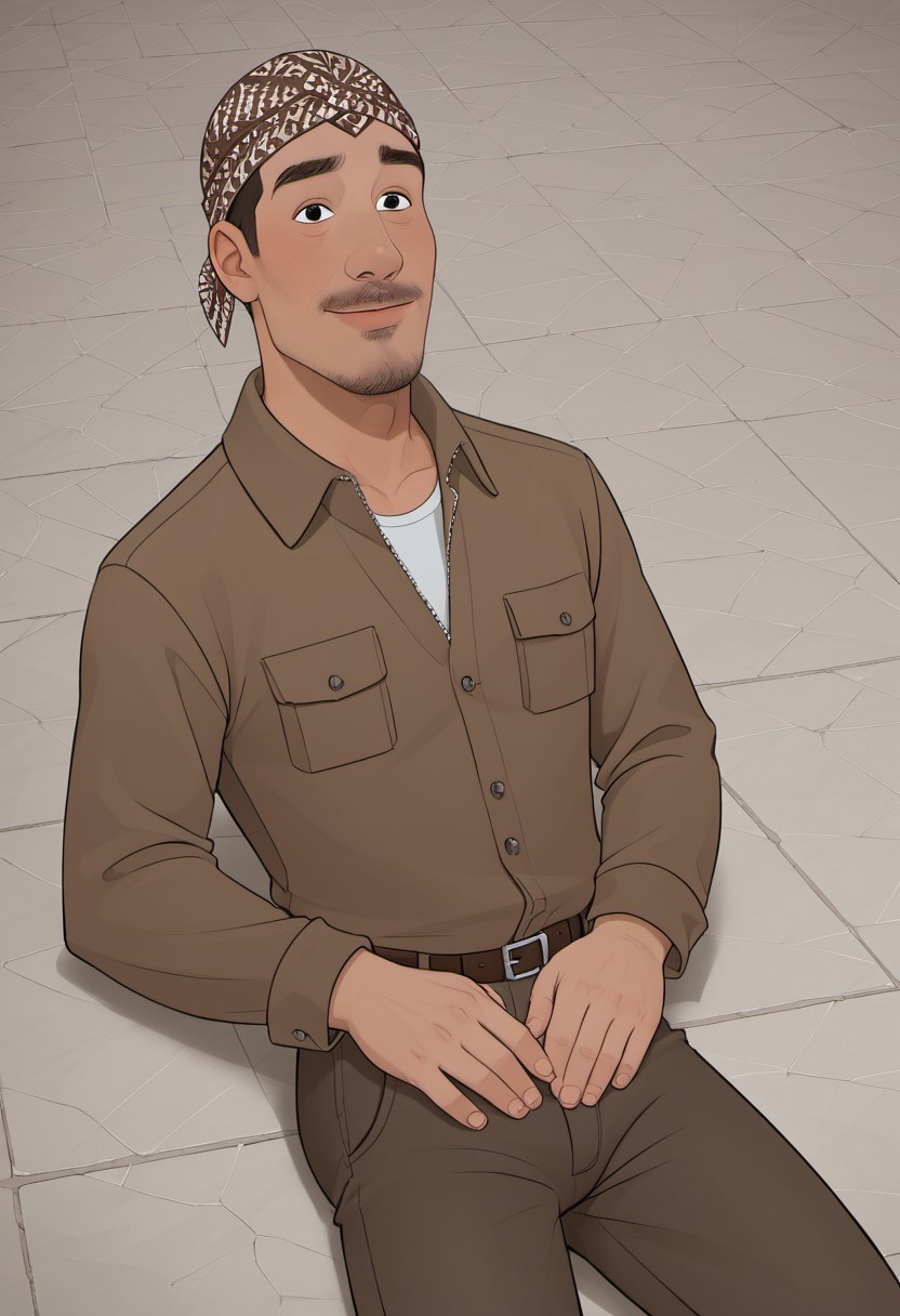 safe_pos, score_9, score_8_up, rating_nsfw, ultra hd, absurdres, best quality, masterpiece, masculine, solo, 1male, male focus, best anatomy, best eyes, best hands, erotic, nsfw, gay porn, CIJoko, brown top, brown pants, facial hair, mustache, goatee, black eyes bandana, laying on the ground, view from top