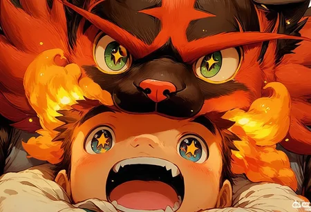 score_9, score_8_up, score_7_up, animalclose-up, gh1bl1, cute, dreamy, fantasy, (1boy and incineroar), the boy with starry eyes, happy