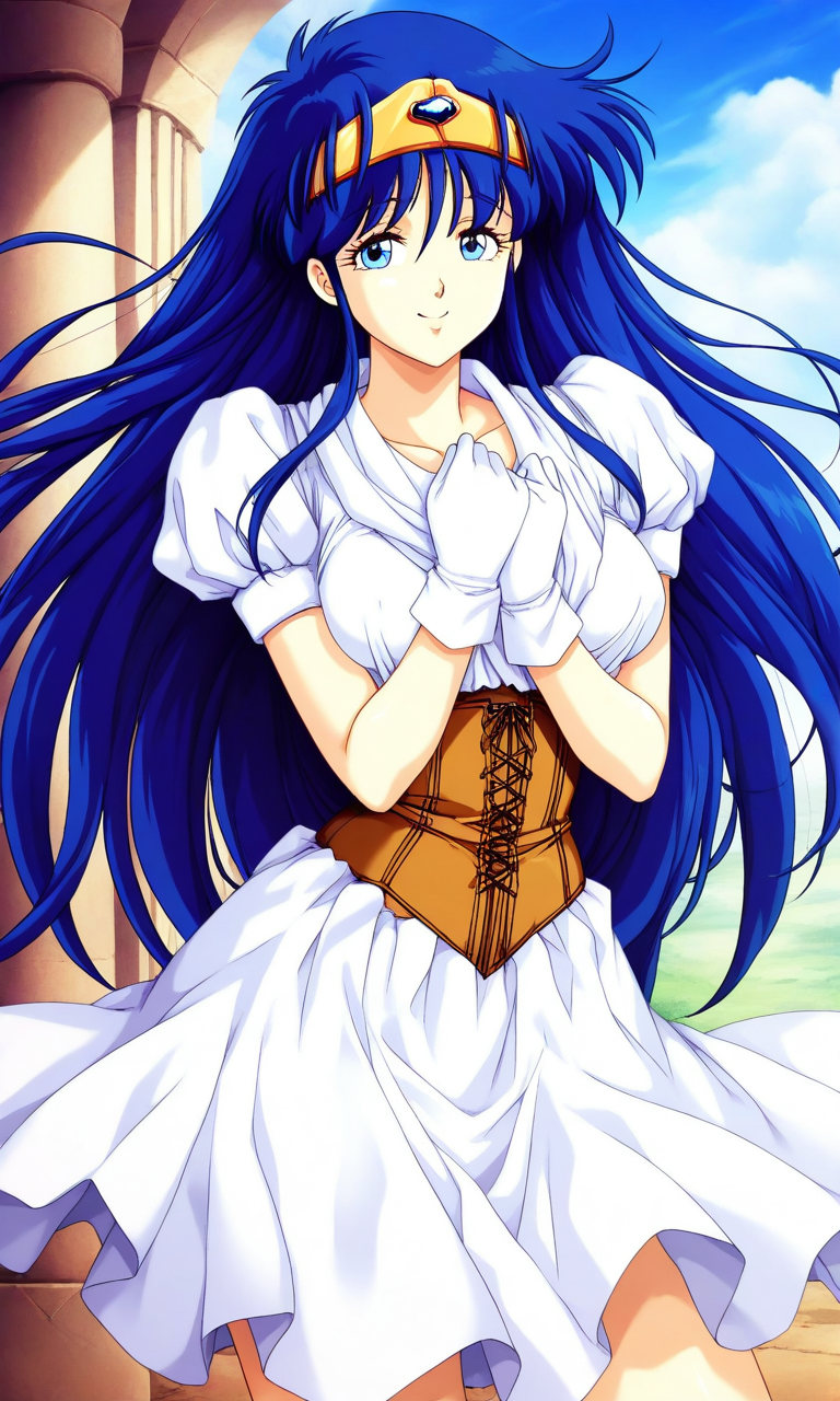general,highres, ultra-detailed,very aesthetic,best quality ,best hands, BREAK <lora:Irene_La_Tias_XEXEX_IS:0.9> 2010s (style), 
Irene_La_Tias(XEXEX), 1girl, solo, very long hair, blue hair, blue eyes, tiara, large breasts, circlet, bangs,
smile,looking at viewer, cowboy_Shot,
white dress, white gloves, brown corset,
blue sky, game cg style,