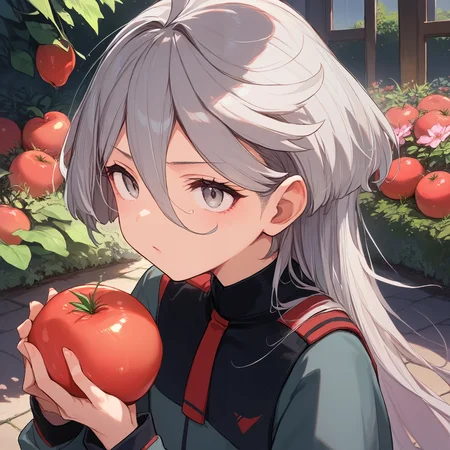 score_9, score_8_up, score_7_up, score_6_up, score_5_up, score_4_up, BREAK source_anime, look at viewer, 1girl, garden, holding tomato, tomato, close up, masterpiece, best quality, high detailed skin, miorine rembran, asticassia school uniform, grey hair, long hair, ahoge, grey eyes, green jacket, jacket, long sleeves, shoulder boards, green shorts, seamed legwear, pantyhose,