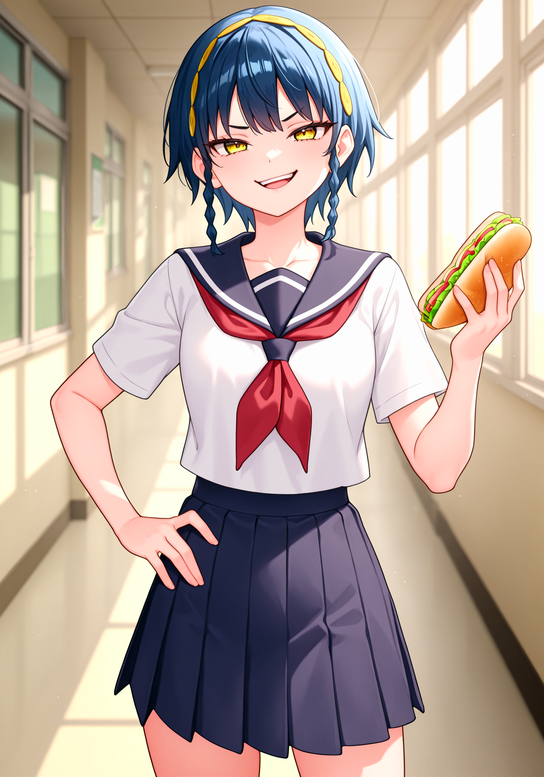 1girl, <lora:atobera_sn119:0.9>, tbzuma, yellow eyes, hairband, school clothing, skirt, holding sandwich in one hand, bitten sandwich, looking at viewer, open mouth, smirk, hand on hip,
school hallway, windows, sunlight, 
high resolution, ultra-detailed, absurdres, masterpiece, best quality, good quality, newest,