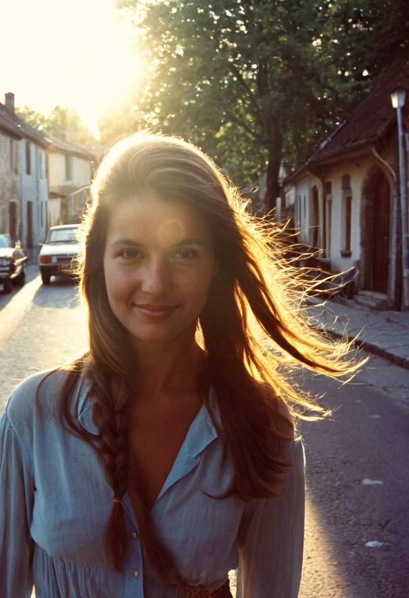 analog film,amateur photography,candid amateur photo,  grainy photo,faded:0.1, vintage photo, ((medium close shot)), walking in street,front view, 
((photo taken to date, woman's silouhette, details are not seen, sun in the background)))
candid amateur photo of a beautiful girl, (((against light picture, silouette)), 25 years old, 1980's, long braid hair,in streets, small coutry village, soft pretty smile,