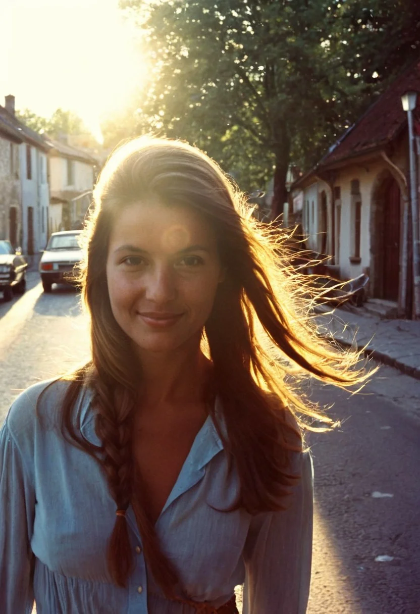 analog film,amateur photography,candid amateur photo,  grainy photo,faded:0.1, vintage photo, ((medium close shot)), walking in street,front view, 
((photo taken to date, woman's silouhette, details are not seen, sun in the background)))
candid amateur photo of a beautiful girl, (((against light picture, silouette)), 25 years old, 1980's, long braid hair,in streets, small coutry village, soft pretty smile,