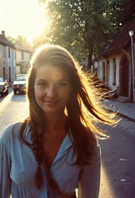 analog film,amateur photography,candid amateur photo,  grainy photo,faded:0.1, vintage photo, ((medium close shot)), walking in street,front view, 
((photo taken to date, woman's silouhette, details are not seen, sun in the background)))
candid amateur photo of a beautiful girl, (((against light picture, silouette)), 25 years old, 1980's, long braid hair,in streets, small coutry village, soft pretty smile,