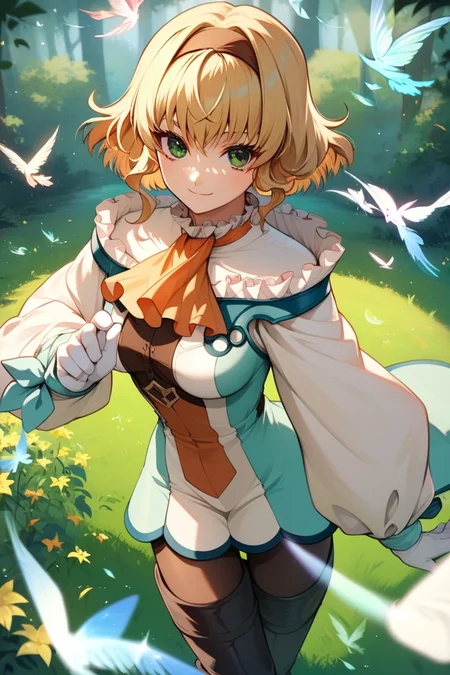 score_9, score_8_up, score_7_up, very aesthetic, source_anime, detailed, high quality, beautiful, masterpiece, detailed eyes,
<lora:lightXL:0.8>
forest, blurry background,
<lora:action-sdxl-V0.5:1>zdyna_pose
dynamic angle,
light smile, dynamic pose, medium breasts,
<lora:natalia_autismConfetti_v01:0.99>
natalia \(tales\), blonde hair, short hair, green eyes, bangs, hairband,
dress, ascot, orange ascot, frills, thigh boots, pantyhose, frilled collar, white gloves, wrist bow,, zPDXL