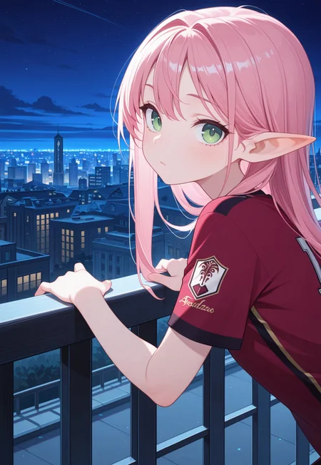 masterpiece, best quality, amazing quality,,<lora:afkArenaIllustrious:1>
afkarenastyle,
1girl, female elf, solo, portrait, female focus, pink hair, green eyes, slim, long hair, hair swept to one side, light skin, melancholy expression, leaning on railing, leaning forward, looking at viewer, balcony, beautiful, soccer jersey, outdoors, cityscape, night