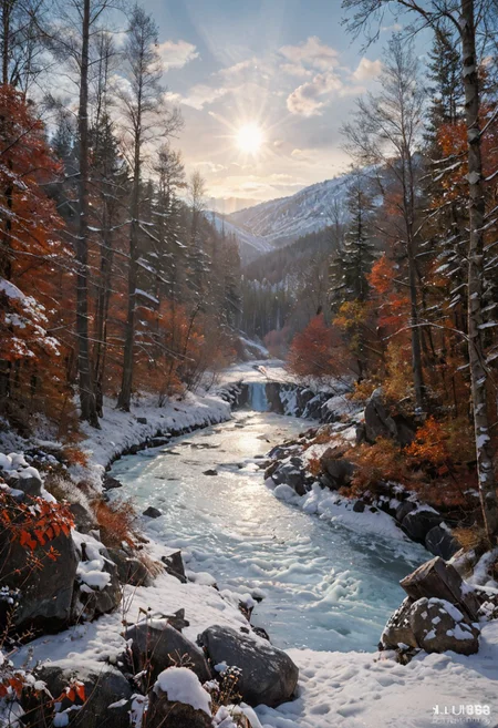 film photography, Exaggerated realistic, ultra detailed, score_9, score_8_up, score_7_up, Forest, scenery, outdoors, tree,sky, (clouds:0.3), nature, forest, creek, moss-covered rocks, sunlight streaming through leaves, winter, snow, snowy