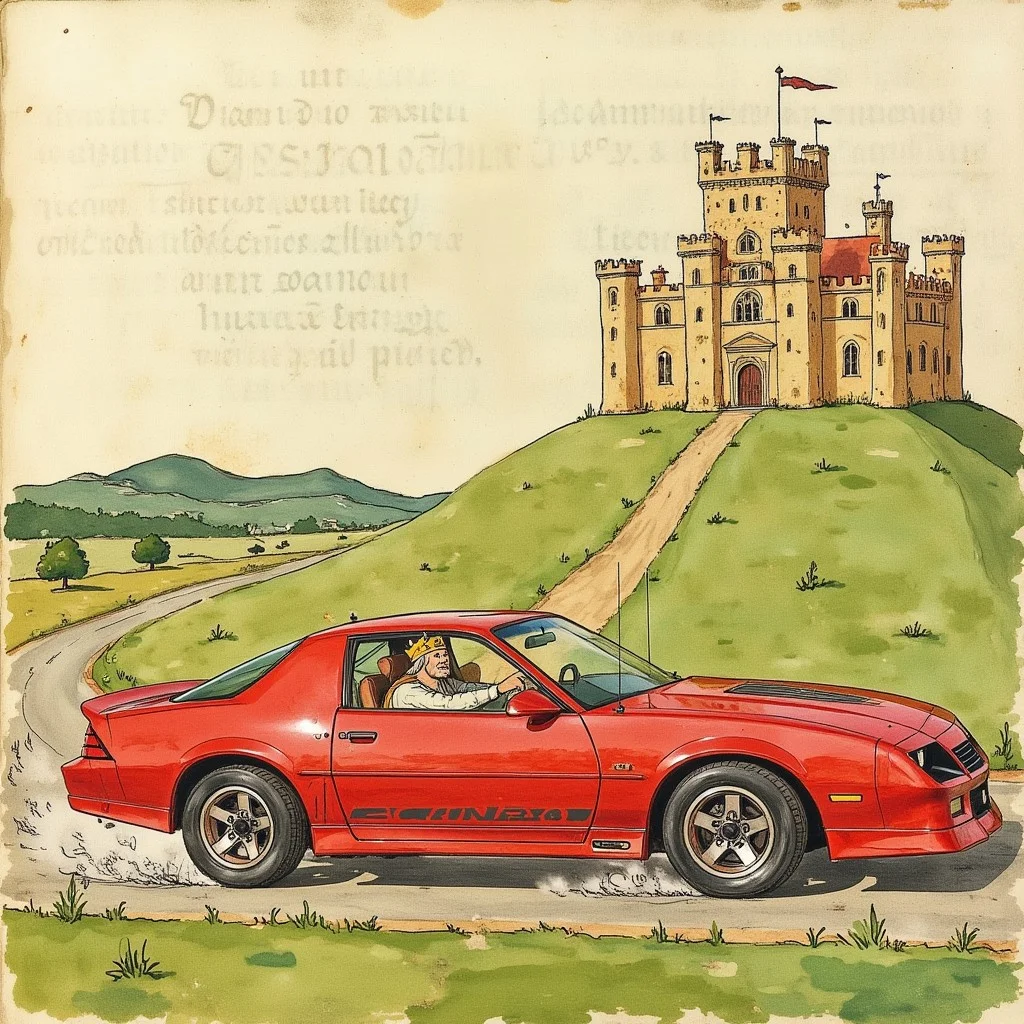 Illuminated manuscript illustration of a king driving a red 1980s Camaro, doing donuts on the lawn in front of a castle
