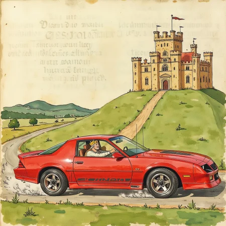 Illuminated manuscript illustration of a king driving a red 1980s Camaro, doing donuts on the lawn in front of a castle