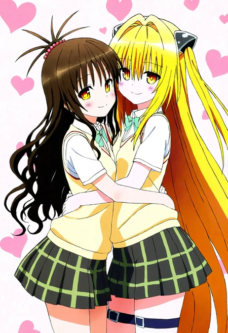 masterpiece, best quality, 2girls, hug, happy, blush, smile, konjiki no yami, red eyes, long hair, blonde hair, two side up, hair between eyes, hair intakes, very long hair, (yuuki mikan, yellow eyes, long hair, brown hair, ), skirt, school uniform, pleated skirt, thigh strap, sweater vest, bangs, shirt, hair ornament, bow, white shirt, short sleeves, collared shirt, miniskirt, looking at viewer, cowboy shot, heart background ,<lora:ToLoveRu_Style_NAI:1.0>,
