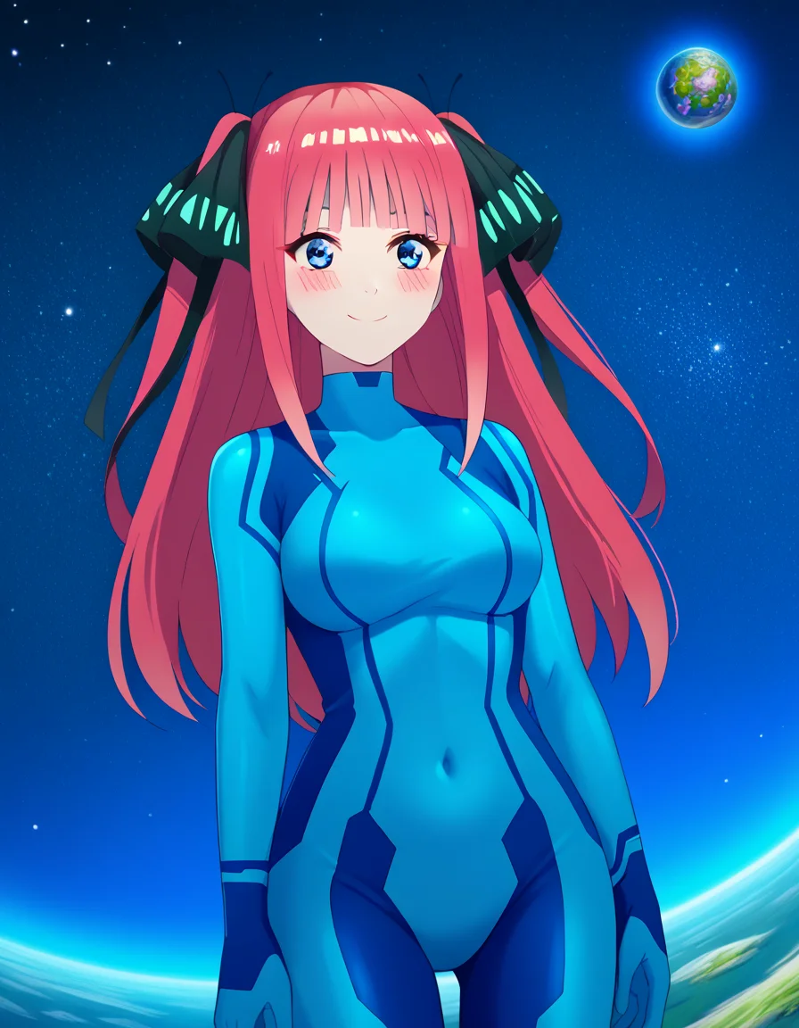 score_9, score_8_up, score_7_up, source_anime, <lora:nnakano-s2-ponyxl-lora-nochekaiser:1>, long hair, bangs, blue eyes, hair ornament, hair ribbon, pink hair, blunt bangs, two side up, butterfly hair ornament, mature female,, <lora:samus-aran-cosplay-ponyxl-lora-nochekaiser:1>, samusarancosplay, samus aran \(cosplay\), blue bodysuit, bodysuit, covered navel, skin tight, zero suit,, space, planet, earth \(planet\), star \(sky\), galaxy, nebula, moon, blush, smile,, cowboy shot, dutch angle, solo,