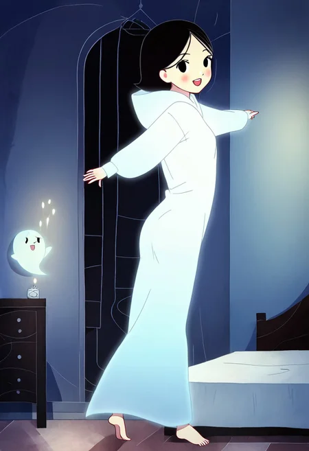 zPDXL3, source_cartoon, Perfect Hands, full body,
1girl, solo, aged down, bedroom, looking at viewer, saoirse, black hair, black eyes, blush, ghost, hood up, robe, barefoot, glowing, dancing on bed, from behind, facing at viewer, feeling cold, eyes open, smile, open mouth, sleeve past wrist, slim body, highlight cloth wrinkle, anime style, kicking, jumping,
<lora:Perfect Hands:1> <lora:Saoirse_-_The_Song_of_the_Sea-000009:1>