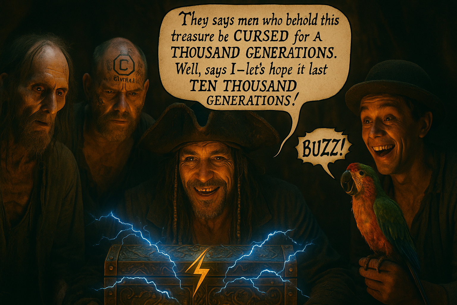 Create a highly detailed and realistic ultra-high-definition photograph; a cinematic movie still from a new and original pirate film.

In a shadowy grotto, cinematically lit, we see four mangy-looking pirates—original characters, each with distinct physical features—surrounding an antique and beautifully made wooden treasure chest that crackles with blue electrical energy. The first pirate, on the left side of the image, has a strikingly gaunt face and long wispy hair and appears to have lost his right eye; in its place is a darkened hollow eyesocket. The second pirate, next to him, is a hardened man, balding on top of his head with a few thin wisps of hair sticking out the sides of his head; among many assorted pirate and sailor tattoos decorating his face and head, there is a prominent tattoo in the center: a boldfaced letter C outlined by a hexagonal shape in the regular orientation with points on the top and bottom above the word “CivitAI” stamped right in the center of his dirty and oily bald tattooed head. The third pirate, who is in the center of the photograph directly behind the treasure chest, is their charismatic captain; an original character not based on characters in any pre-existing franchises, with long and mangled greasy hair with a few braided strands tied at their ends by colorful cloth, his skin tanned and heavily inked, he has an extremely expressive face, eyes accentuated by dramatic black eyeliner; on his head he wears a tattered and frayed oversized tricorn hat, with a devilish and greedy smile revealing a gold tooth, a handsome jaw; with eyes lined with black eyeliner he gazes at the treasure with a covetous greed: it is the treasure he's been searching his whole life for. In a speech bubble, he exclaims: \[They says men who behold this treasure be CURSED for A THOUSAND GENERATIONS. Well, says I, let's hope it be TEN THOUSAND GENERATIONS!] The lettering in the speech bubble is hand-written with a quill in old-timey pirate-style script. The fourth pirate, on the right side of the image, is a younger man in his 20s with bright youthful eyes who wears a tattered bowler hat and has a big smile revealing his haggard mouth and missing teeth. On his hand is perched a brightly-colored and equally mangy-looking parrot. The parrot is in mid-squawk with an open-beak, shouting: “BUZZ!” (This text is stylized to indicate screaming/squawking.) There is only one parrot.

The front panel of the antique treasure chest is marked with intricate carvings coalescing around an intriguing and mysterious-looking emblem of a glowing yellow lightning bolt. The pirates are all gazing intently at the treasure with wide eyes and greedy smiles. The overall vibe of the image is cinematic and highly realistic, with dramatic lighting. Cinematic wide aspect ratio 16:9