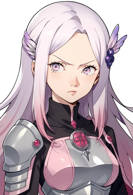 score_9, score_7_up, source_anime, BREAK <lora:zs_P3ReloadPortraitsXL:1> p3reloadportraits, portrait, white background,, serious, 1girl, white eyes, white hair, very long hair, parted hair, parted bangs, gradient hair, lilac hair, medium breasts, wing hair ornament, valkyrie, black bodysuit, armor, gauntlets, greaves, pink breastplate, grey armored skirt, armored dress, pink hues,