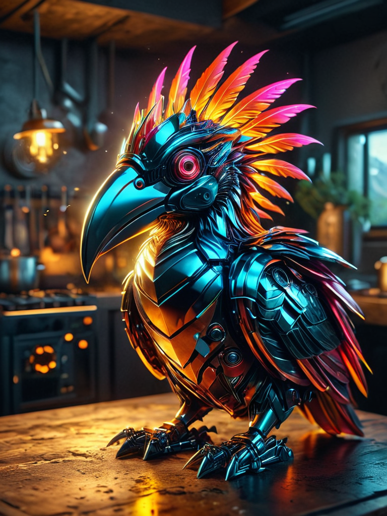 Psychedelic style A high definition epic photograph of (( A Helmeted Hornbill bot featuring a solid steel casque on its beak, equipped with vibration sensors that allow it to detect distant sound waves and communicate via resonant calls., Conducting an imaginary cooking show in their kitchen while wearing chefâs attire, narrating every step dramatically as if they were on live television.)), Infront of Vibrational Consciousness Mountains: Peaks that resonate with emotional and thought frequencies. in the background.Rainy: Overcast skies release precipitation in the form of rain, nourishing the earth and refreshing the air.(dynamic:1.1), sun rays,, (taken by 7.5mm fisheye lens:1.1),shots  showing emotions, shiny reflective metal, Mechanical elements, rainbow flare elements slightly.((Complex Machinery)) cyborg
 = ((Vivid, HDR, Canon50, 8K, Hyper Realistic, Dramatic, Epic, Dynamic Contrast, Cinematic Lighting, increased brightness)) (((Zoomed Out, Far away Shot))) = =. Epic dynamic lighting . =vibrant, highly detailed, psychedelic
((Vivid, Epic, Dynamic contrast)) (((Zoomed out, Far away shot, In frame)), 
<lora:juggernautXL_version6Rundiffusion:0.8> 
<lora:glowneon_xl_v1:0.6> glowneon, glowing, sparks, 
<lora:atlantysUltimanimeXL_atlasAtlantys:0.8><lora:epicrealismXL_v5Ultimate:0.8>
<lora:extremely_detailed:1>  <lora:eyetune:1>
<lora:TransformersStyleXL:0.8> TransformersStyle  <lora:SDXLFaeTastic2400:0.6> <lora:Dynamic Poses:0.8> <lora:crystalClearXL_ccxl:0.8>, - Generate images with sharp edges and fine details.
- Produce high-resolution images with no blurriness or distortions.
- Create images with clear and well-defined subjects.
- Ensure that the output images have crisp lines and distinct features.
- Generate images with vibrant colors and accurate tones.
- Avoid noise or artifacts in the generated images.
- Focus on producing clear textures and patterns in the images.
- Emphasize clarity and definition in all aspects of the generated images.
- Prioritize the sharpness and clarity of the main subjects in the images.
- Optimize the AI model to produce clear and visually appealing images., Wlop . Vibrant colors, swirling patterns, abstract forms, surreal, trippy