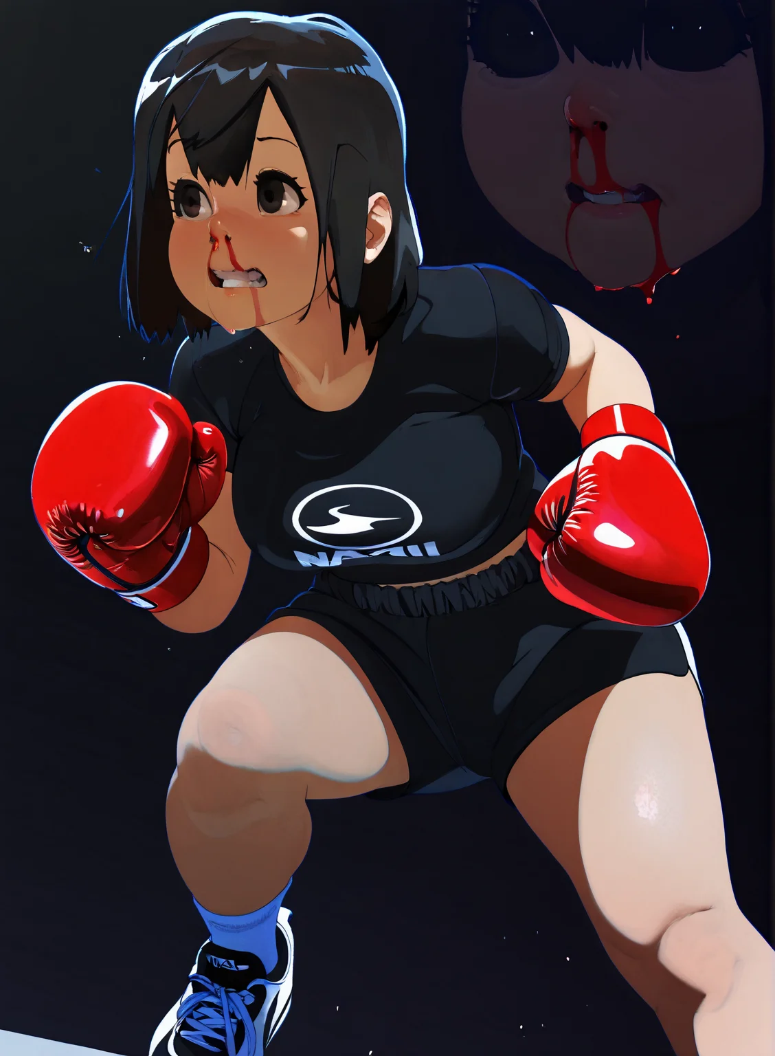 1girl, close shot, <lora:Naze_V2:1> naze, medium breasts, short black hair, dark background, ((deep shadows)), <lora:nose_bleed:0.6> nose bleed, blood, (nosebleed), sportwear, boxing gloves, mouth guard, shorts, sports shoes, socks, t-shirt, in guard position, "NAZE", masterpiece, best quality, amazing quality, very detailed