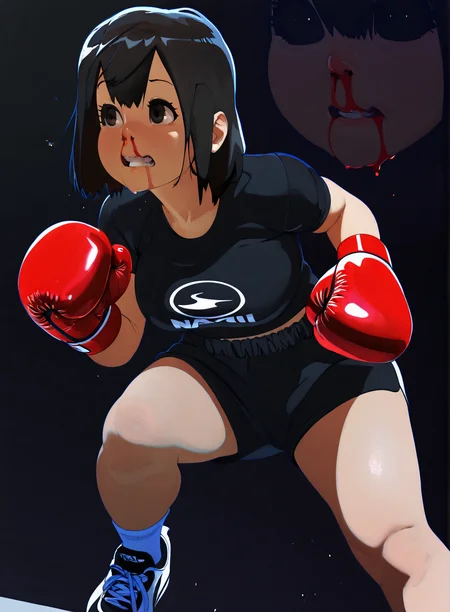1girl, close shot, <lora:Naze_V2:1> naze, medium breasts, short black hair, dark background, ((deep shadows)), <lora:nose_bleed:0.6> nose bleed, blood, (nosebleed), sportwear, boxing gloves, mouth guard, shorts, sports shoes, socks, t-shirt, in guard position, "NAZE", masterpiece, best quality, amazing quality, very detailed