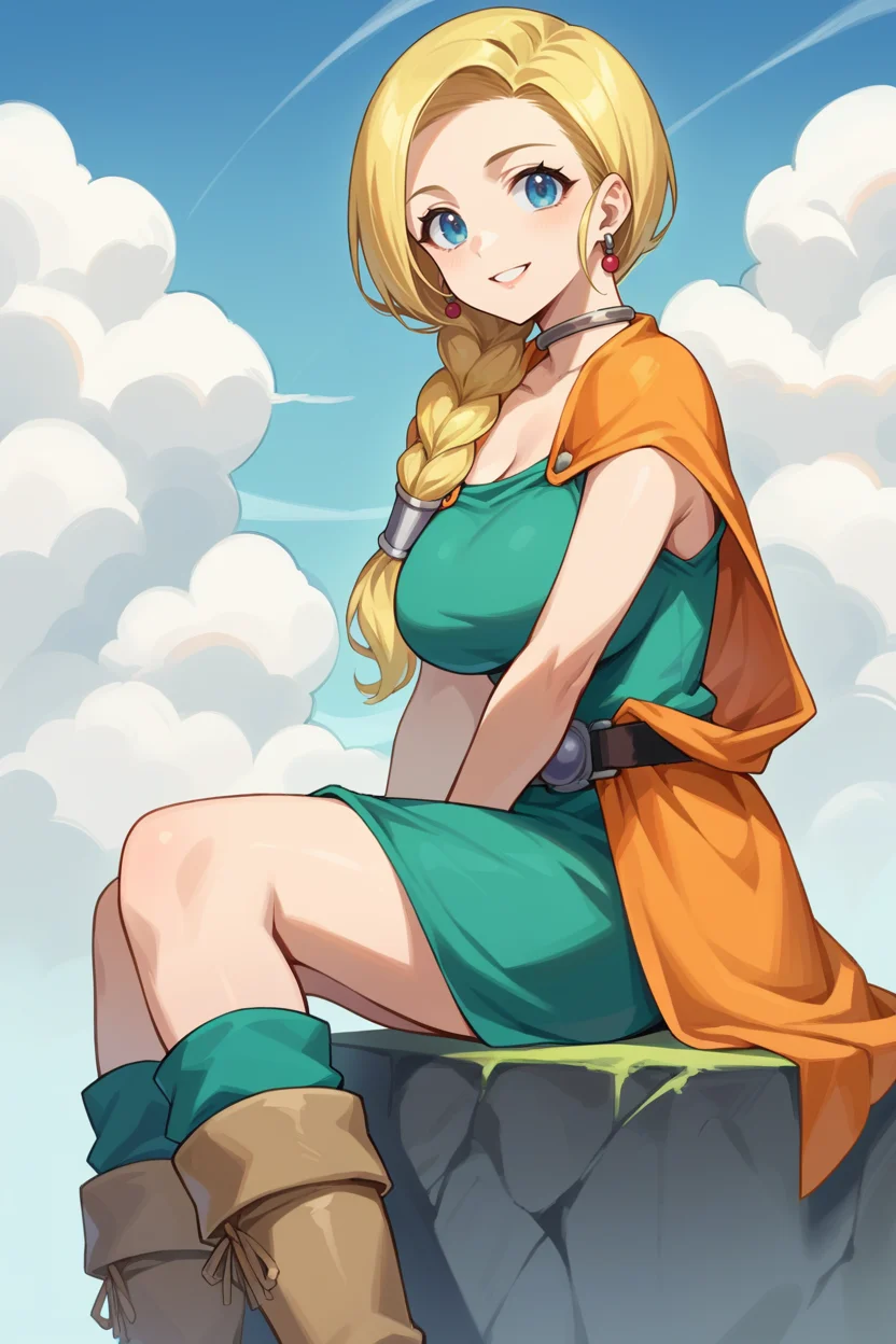 score_9, score_8_up, score_7_up, source_anime BREAK 1girl, solo, <lora:dqbianca-pdxl-nvwls-v1:1> dqBianca, single braid, hair over shoulder, earrings, choker, orange cape, green dress, belt, (large breasts:0.9), boots, sitting, from side, looking up, blue sky, smile, looking at you