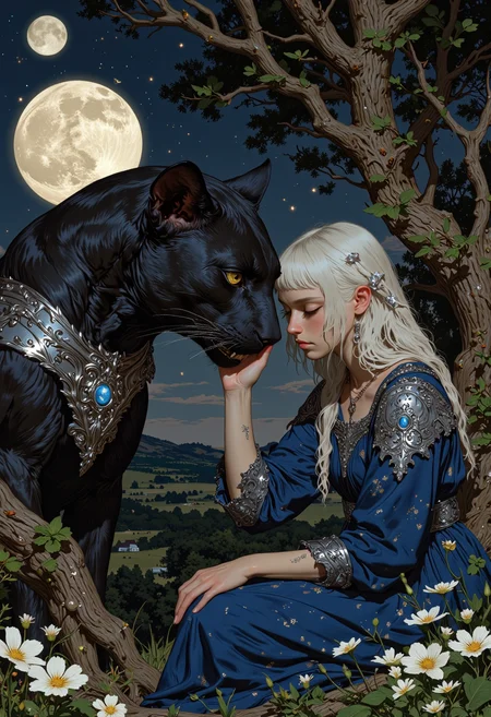A mystical elven princess with flowing silver-white hair kneels beneath an ethereal full moon, cradling the face of a majestic black panther. Her sapphire-blue gown, embroidered with intricate silver filigree, shimmers in the moonlight, and delicate jewelry glows with arcane energy. The panther, adorned with an ornate silver breastplate embedded with a luminous gemstone, gazes into her eyes with fierce devotion. Twisted roots and ancient vines frame the scene, while pale celestial flowers bloom in the moonlit glade. The background features a vast, star-filled night sky with twin crescent moons, casting an enchanting glow. The atmosphere is serene yet powerful, filled with magic and lunar energy.
<lora:FluxMythV2:0.6> <lora:fantastic-realism:0.6> <lora:flux.1_lora_flyway_Epic-detail_v2:0.5> <lora:Anima-Portrait-Midjourney-FLUX:0.7>
