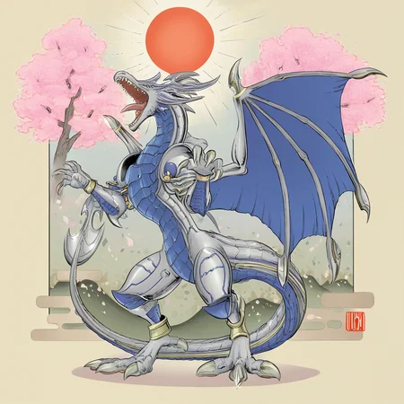 highres, best quality, masterpiece, very aesthetic, newest,solo,dorugoramon,standing,claw pose,wings, traditional media,full body,open mouth,teeth,dragon,sun,cherry blossoms,traditional media,ukiyo-e, outdoors, <lora:DorugoramonIllustrious:0.95>