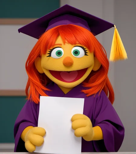 score_9, 1girl, solo, julss2, aged up, portrait, graduation photo, yellow skin, green eyes, colored skin, orange hair, long hair, purple robe, smile, open mouth, graduation cap, holding paper, looking at viewer, four fingers, <lora:julss2-000009:1>,