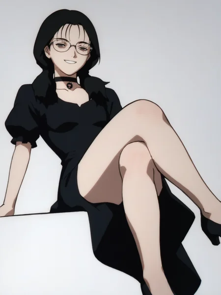 woman, 20 y/o, 20 year old, 20 year old woman, adult, score_9, score_8_up, score_7_up, score_6_up, score_5_up, BREAK masterpiece, high quality, white background, solo, <lora:Yomoda_Chisa_PDXLv0-e55:0.8> yomoda chisa, gothic, small breasts, black dress, black choker, death girl, evil smile, glasses, crossed legs, blood in background,