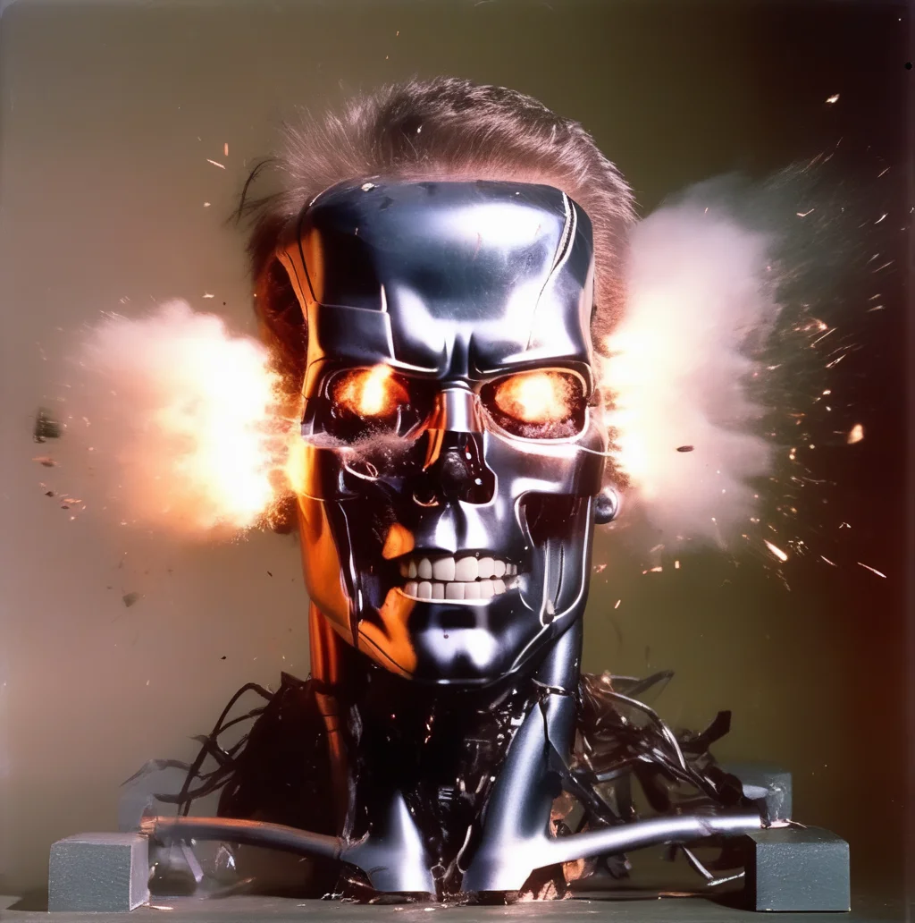 motioshot exploding terminator head, smoke and sparks<lora:motioshot:1>