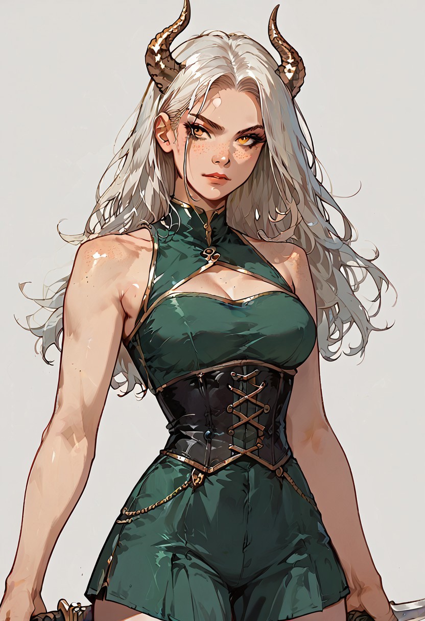 score_9, score_8_up, score_7_up, score_6_up, score_5_up, 1girl, solo, gold twisted ram's horns, freckles, white hair, long hair, long bangs, golden eyes, pale skin, green dress, medium breasts, black underbust corset, breasts cutout, medium shot, view from aside, holding weapon, blade, dynamic pose, action pose,