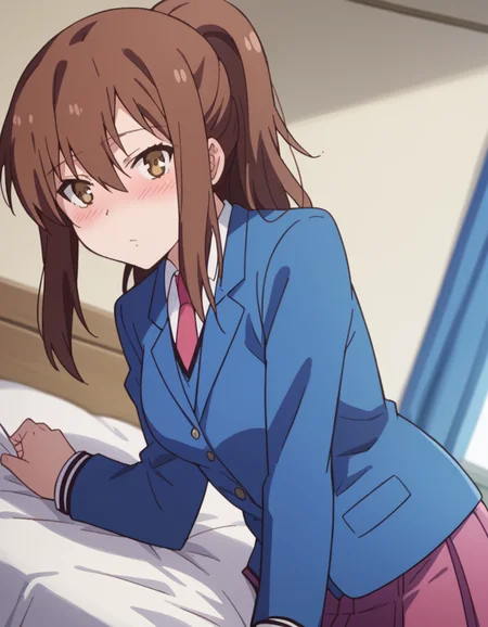 score_9, score_8_up, score_7_up, source_anime,
nanamiaoyama, <lora:nanami-aoyama-s1-ponyxl-lora-nochekaiser:1>,
nanami aoyama, long hair, bangs, brown hair, hair between eyes, brown eyes, ponytail, sidelocks,
skirt, school uniform, jacket, pleated skirt, necktie, blazer,
indoors, bed, bed room, on side, blush, drunk,
looking at viewer, cowboy shot, solo, dutch angle