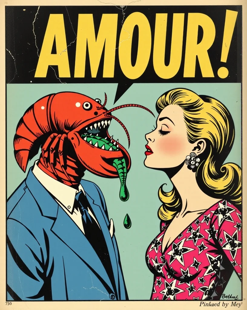 (_2 comic:-0.250) (_2 Advertising poster style:-0.250) (_2 Neon noir:-0.250) (_1 analog film photo:1.0) (_1 breathtaking:1.0) (_1 Architectural style:1.0) (Comic book style illustration by Roy Lichtenstein depicting a head's lobster and a suit and vomiting a green lezard and looking jealously at a tall blonde's face with an energetic text "AMOUR !" in large colored screen printing and fine black triads:2).
<lora:Flux_DetailsArchitecture_epoch_5:0.25> <lora:Flux_FuturArchitecture_epoch_5:0.75> <lora:Flux_DetailsNature_epoch_5:1> <lora:Flux_GustaveMoreau_epoch_5:1> <lora:flux_abyss:0.25> <lora:Flux_artis 28.11A:0.25> <lora:Flux_DetailsRock_epoch_5:-0.25> <lora:Flux_Chimeras_epoch_5:1> <lora:colouring_experiment_analogue_FLUX:0.5>, LOW KEY photography, dramatic lighting, deep shadows, rich contrast, moody atmosphere, intense emotions, cinematic feel, mysterious ambiance, emphasizing shape and form, creating depth, evoking drama, storytelling through shadows, professional technique, JAPANESE TRADITIONAL art style, delicate lines, subtle colors, intricate details, dynamic compositions, cultural heritage, adds elegance and sophistication.((Clean lines, geometric shapes, minimalist, modern, architectural drawing, highly detailed):1.0).((award-winning, professional, highly detailed, high resolution, masterpiece):1.0).((faded film, desaturated, 35mm photo, grainy, vignette, vintage, Kodachrome, Lomography, stained, highly detailed, found footage):1.0).((Cyberpunk, dark, rainy streets, neon signs, high contrast, low light, vibrant, highly detailed):-0.250).((Professional, modern, product-focused, commercial, eye-catching, highly detailed):-0.250).((graphic illustration, comic art, graphic novel art, vibrant, highly detailed):-0.250)