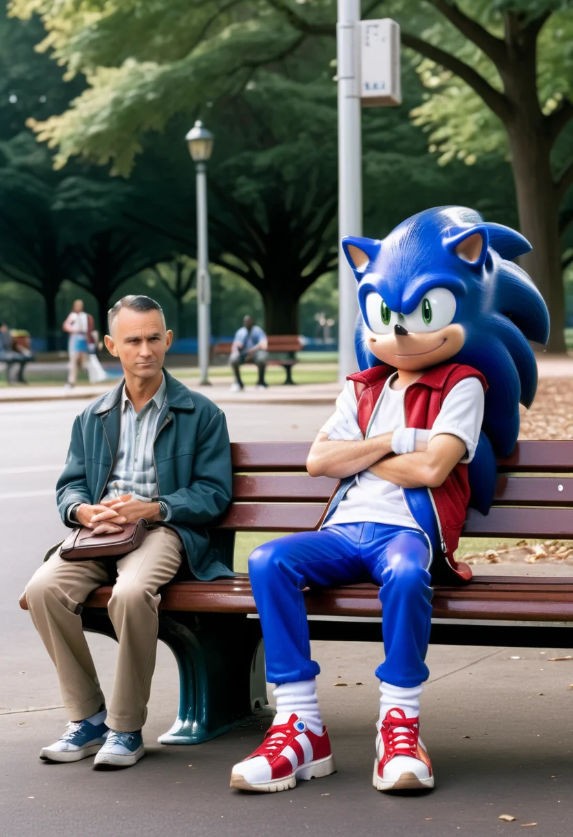 Forest Gump sits on a park bench next to Sonic the Hedgehog waiting on the bus. <lora:Everly_Heights_Comics:1>