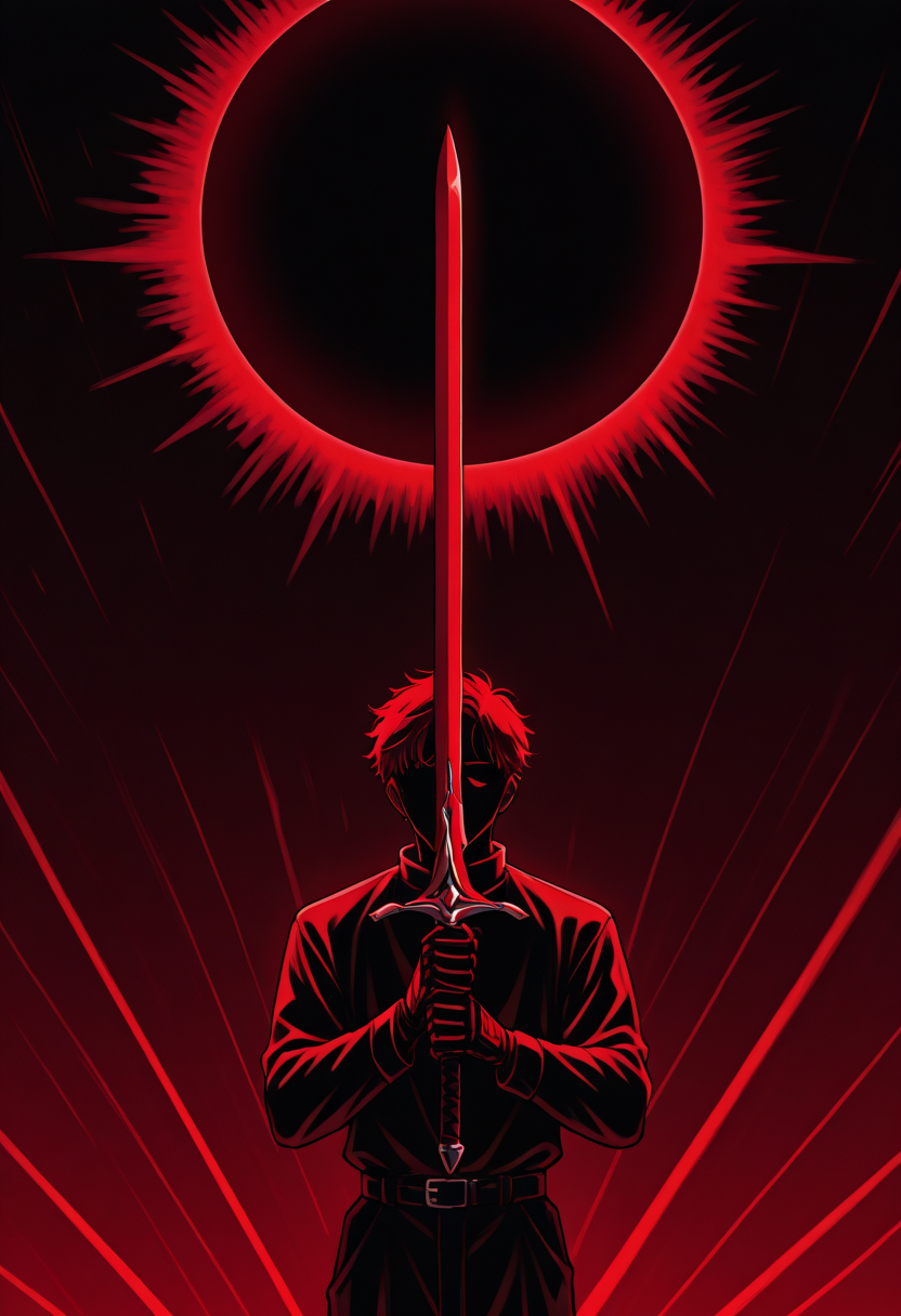 masterpiece, best quality, ,  <lora:Lines_Light_Background_Illustration:0.8>, (lines_light_background:1.2), 1boy solo, holding sword, dark theme, red theme, solar eclipse,