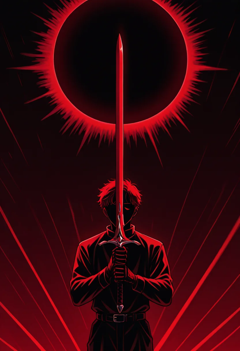 masterpiece, best quality, , <lora:Lines_Light_Background_Illustration:0.8>, (lines_light_background:1.2), 1boy solo, holding sword, dark theme, red theme, solar eclipse,