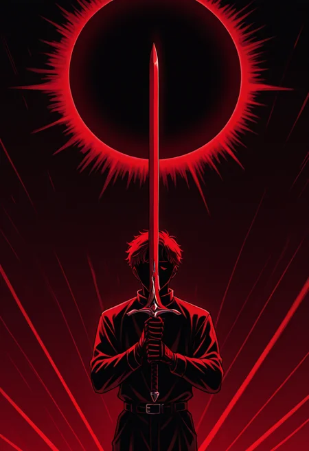 masterpiece, best quality, ,  <lora:Lines_Light_Background_Illustration:0.8>, (lines_light_background:1.2), 1boy solo, holding sword, dark theme, red theme, solar eclipse,
