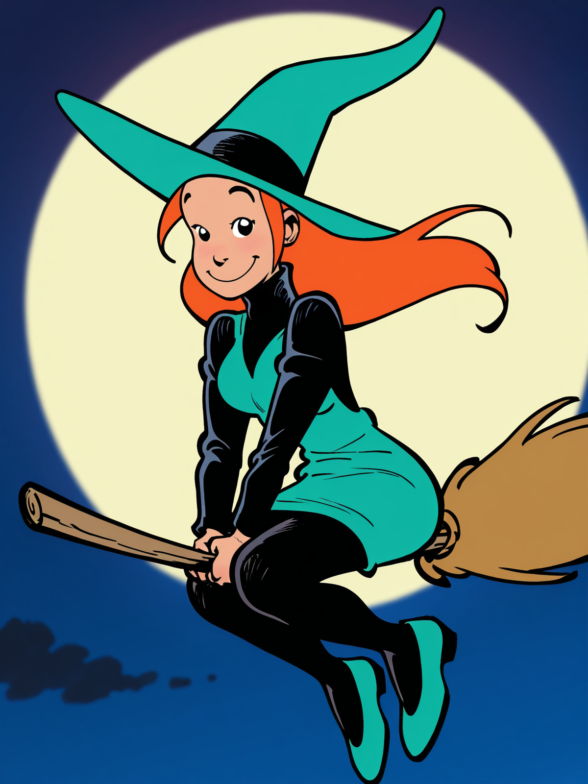 1girl, melusine, long hair, orange hair, witch hat, dress, turtleneck, pantyhose, <lora:Melusine_r2:1>, broom riding, flying, floating hair, looking at viewer, smile, night sky, full moon