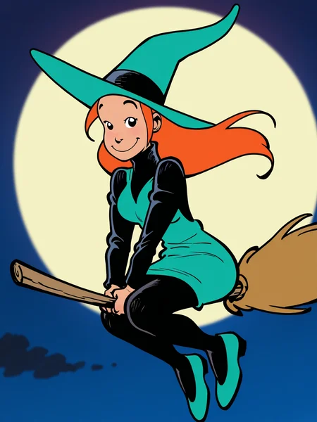 1girl, melusine, long hair, orange hair, witch hat, dress, turtleneck, pantyhose, <lora:Melusine_r2:1>, broom riding, flying, floating hair, looking at viewer, smile, night sky, full moon