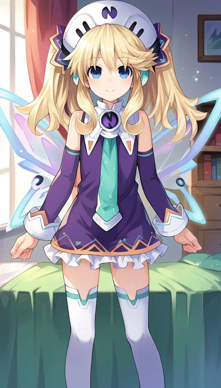 score_9, score_8_up, score_7_up, score_6_up, score_5_up, source_anime, 1girl, solo, blonde hair, blue eyes, long hair, twintails, smile, closed mouth, short, short dress, hat, necktie, thighhighs, white legwear, fairy wings, footwear, boots, detached sleeves, standing, looking at viewer, dutch angle, cowboy shot, indoors, <lora:Histoire_Neptunia_PonyXL:0.8>, Histoire \(neptunia)\,
