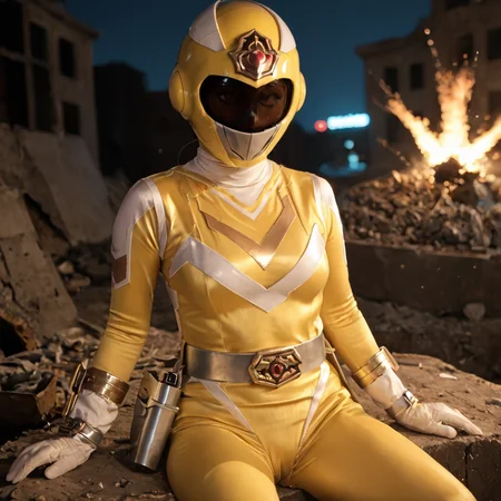 20yo, score_9, score_8_up, score_7_up, shiny oild skin, 
sentaisaintforce, yellow bodysuit, silver belt, white gloves, spandex, wing-shaped chest symbol, medium breasts, helmet removed, no headwear, 
holstered, handgun, holster, 
 city ruin, rubble, sitting, night, explosion, 
 <lora:Saint_Force:0.8>