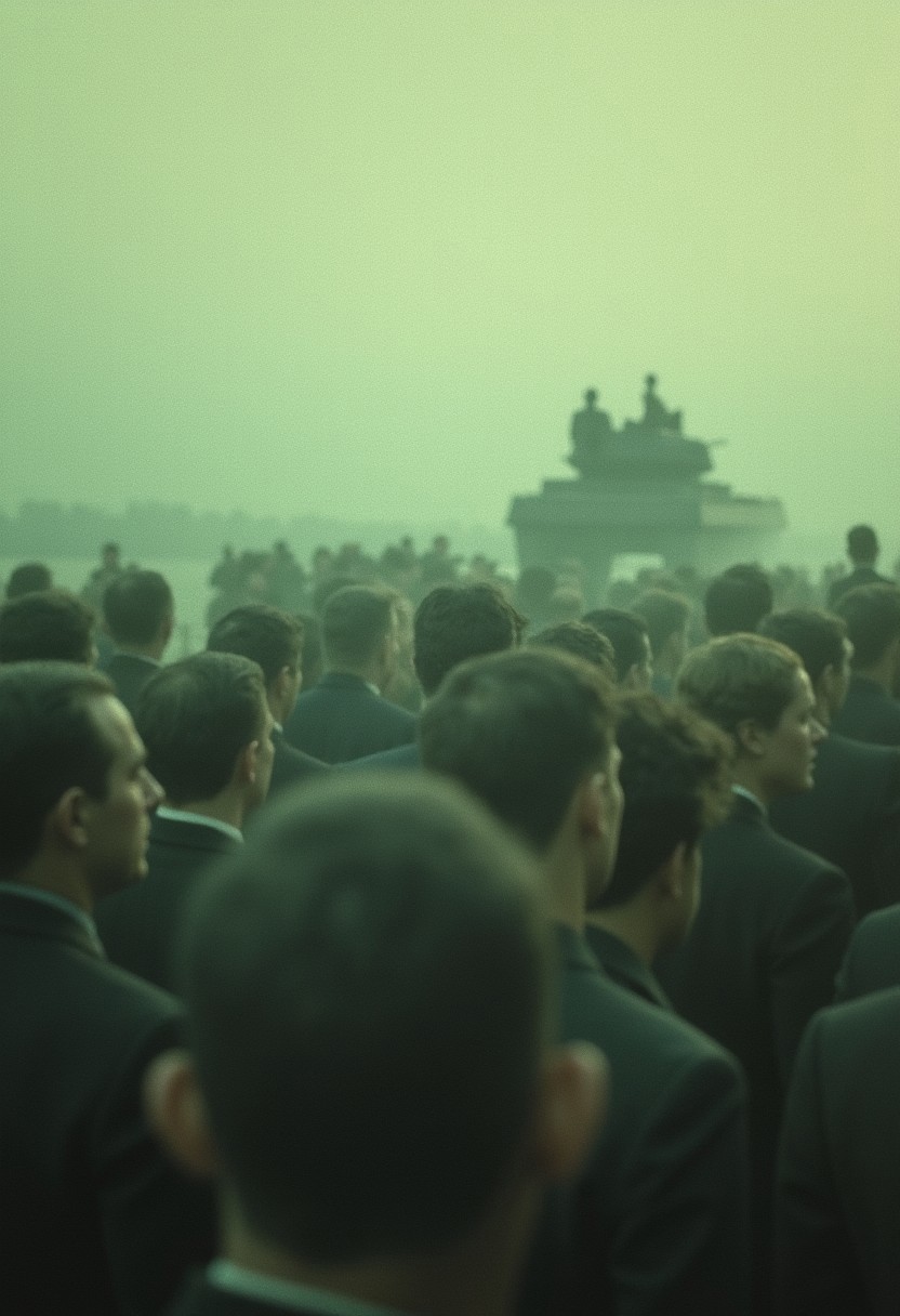 "A blurry, candid shot of a crowd marching silently, their faces smudged into oblivion, vintage film texture, muted greens and yellows fading into gray, a tank’s silhouette dissolving into the horizon, dreamlike and heavy." cinematic_1940s cinematic_octane