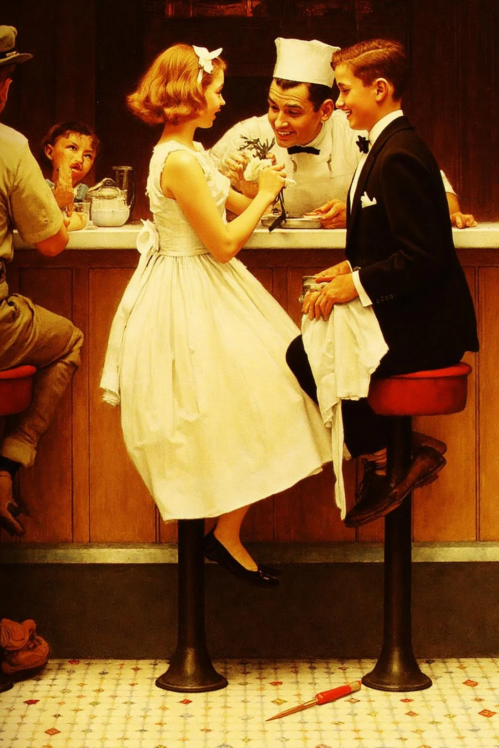 normanrockwell1 painting.
Inside a 1950s-style diner, a young girl with shoulder-length hair, dressed in
a knee-length, white, sleeveless dress, sits on a red and chrome stool. She is
showing her bouquet of flower to the waiter behind the counter.
On the right sits a boy wearing a tuxedo, looking at the girl with a smile.
<lora:normanrockwell1_cap_d6a3e12:1.0><lora:841445533076839384:0>
